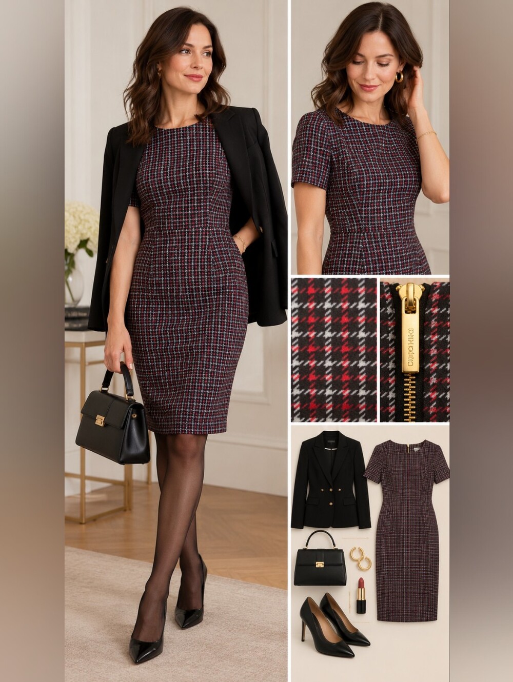 Calvin Klein Houndstooth Sheath Dress Size 8 Black Red White